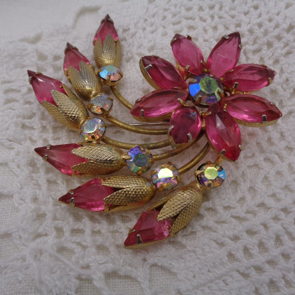 Vintage PINK & AB RHINESTONE FLOWER Floral Spray BROOCH